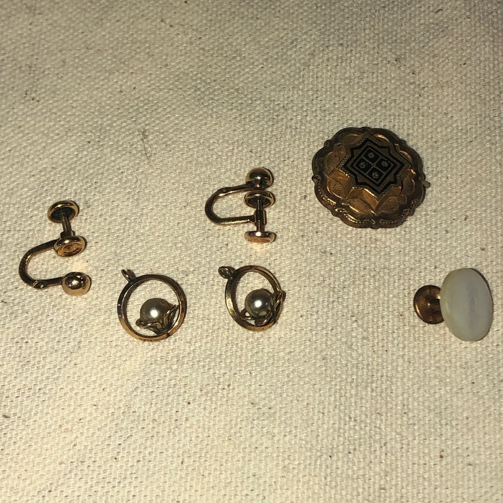 Vintage Victorian GF & Pearl Earrings-repair/scrap piece & pearl collar button